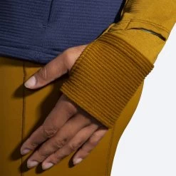 BROOKS Women's Notch Thermal Hoodie 2.0 (398 - Burnt Olive/Navy/Ice Blue) -Brooks Store 221568 398 d3 notch thermal hoodie womens long sleeve running shirt