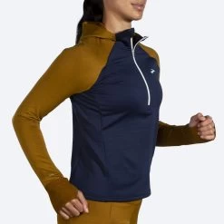 BROOKS Women's Notch Thermal Hoodie 2.0 (398 - Burnt Olive/Navy/Ice Blue) -Brooks Store 221568 398 mv notch thermal hoodie womens long sleeve running shirt